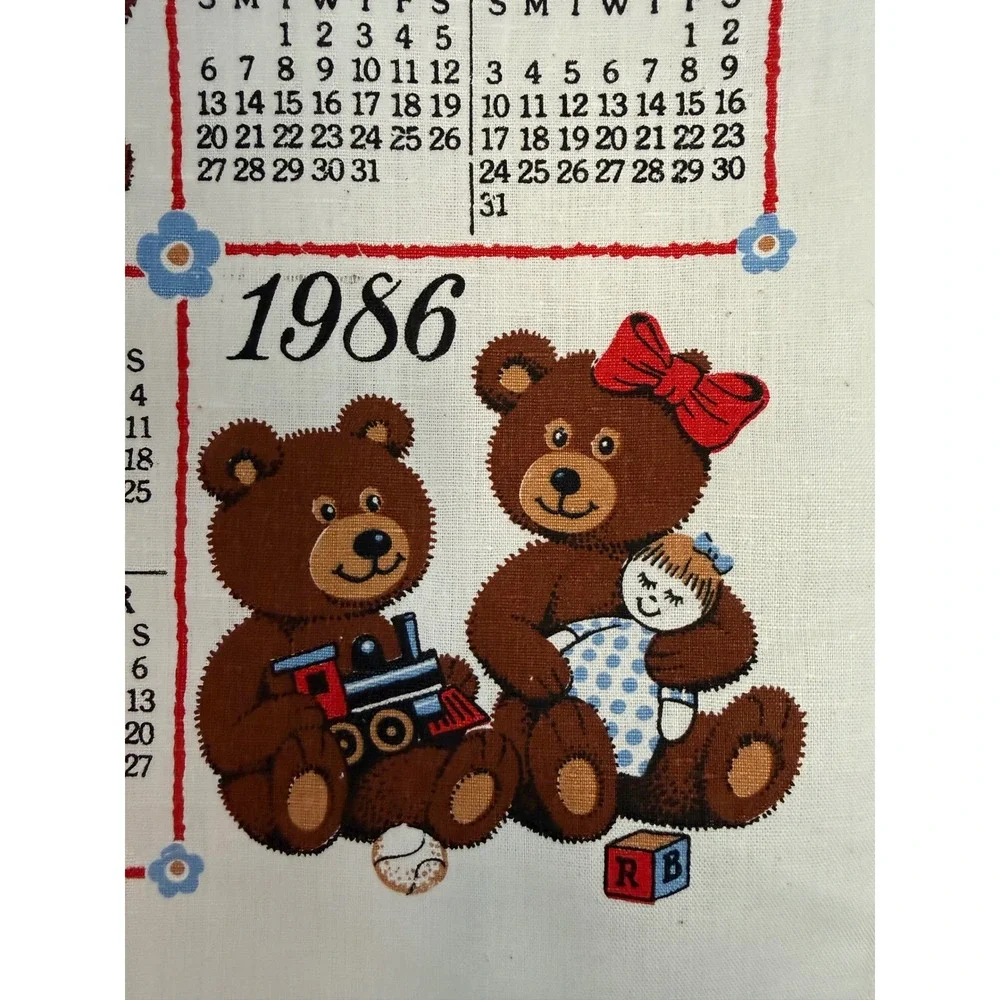 Vtg 1986 Bless This House Mama Papa Baby Bears Calendar Linen Tea‎ Towel